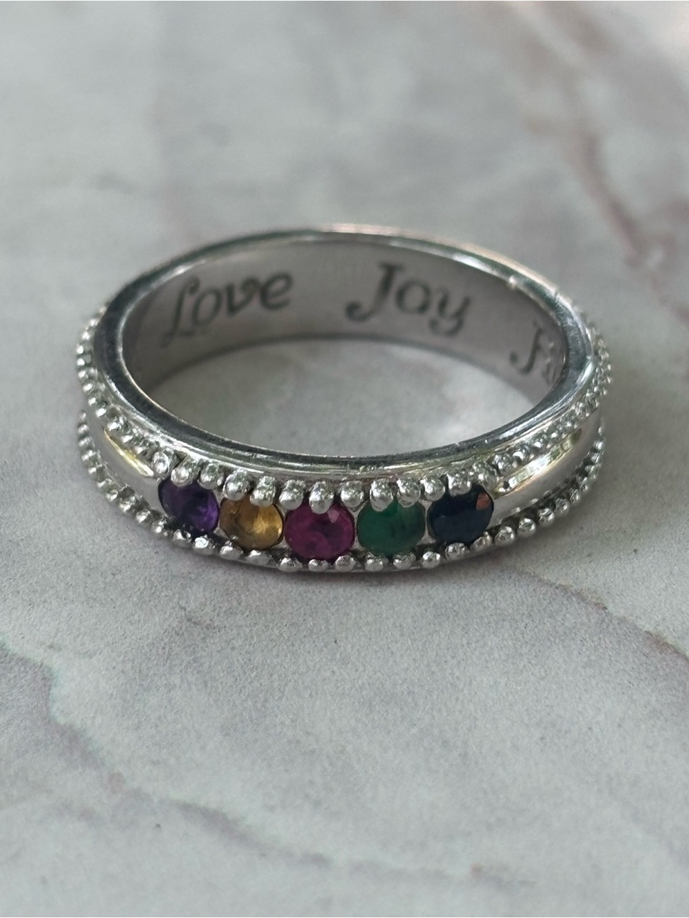 925 Sterling Silver Multi Gemstone Band Ring Love Joy Hope Beauty Peace Sz 7